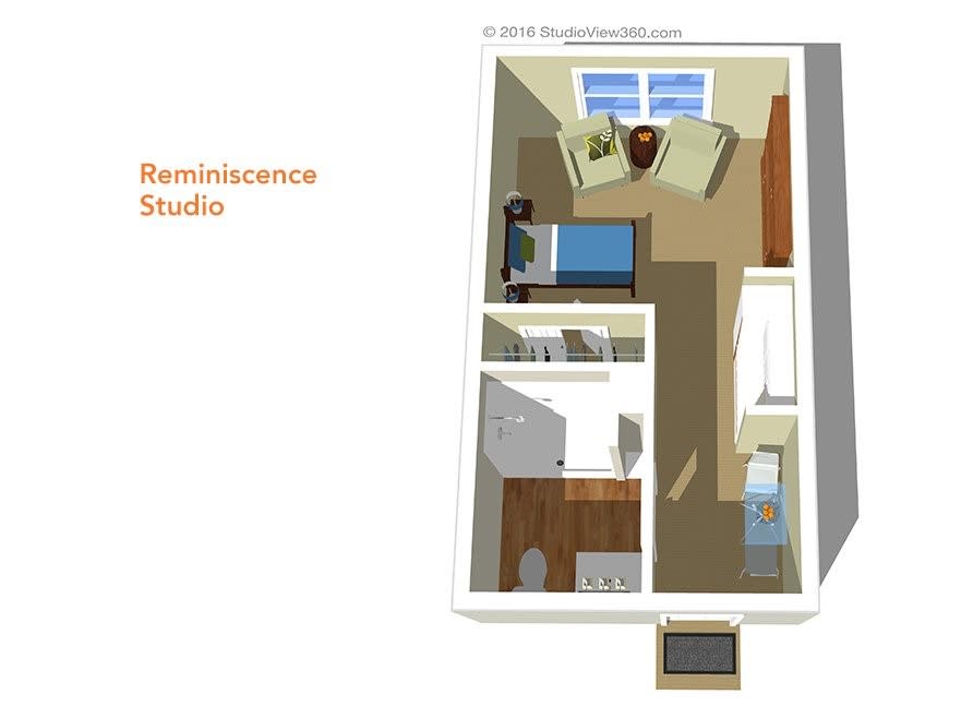 3D floor plan of a Renaissance-style studio apartment.