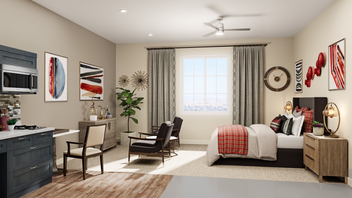 A modern and minimalist bedroom with elegant decor, featuring a bed, chairs, artwork, and a window with curtains.