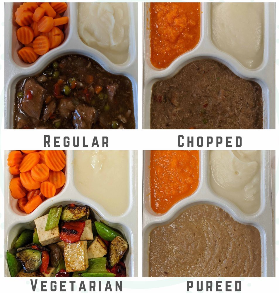An image displaying different meal options: regular, chopped, vegetarian, and pureed.
