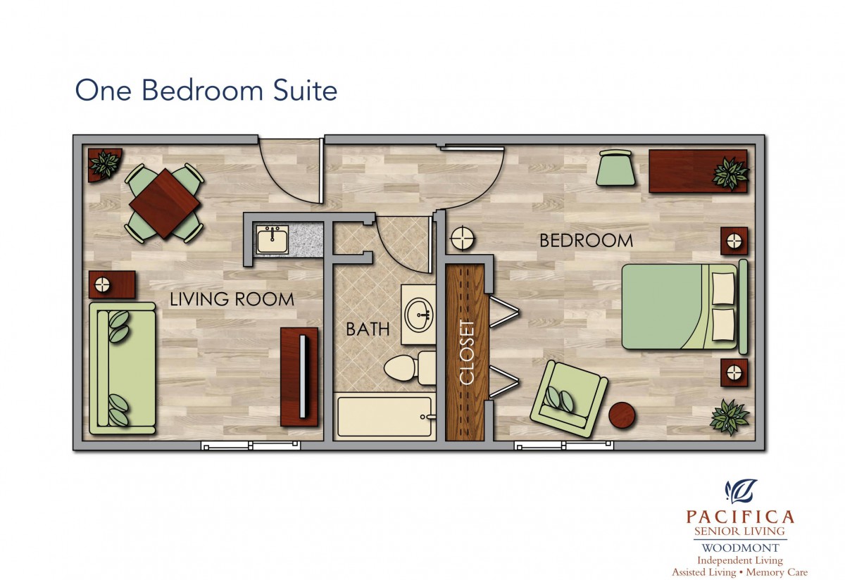A floor plan of a one-bedroom suite featuring a living room, bedroom, and bath.