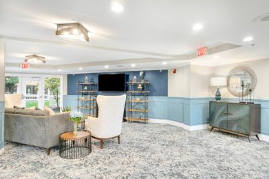 A modern living room with stylish furniture, featuring a television and bookshelves against a blue accent wall.