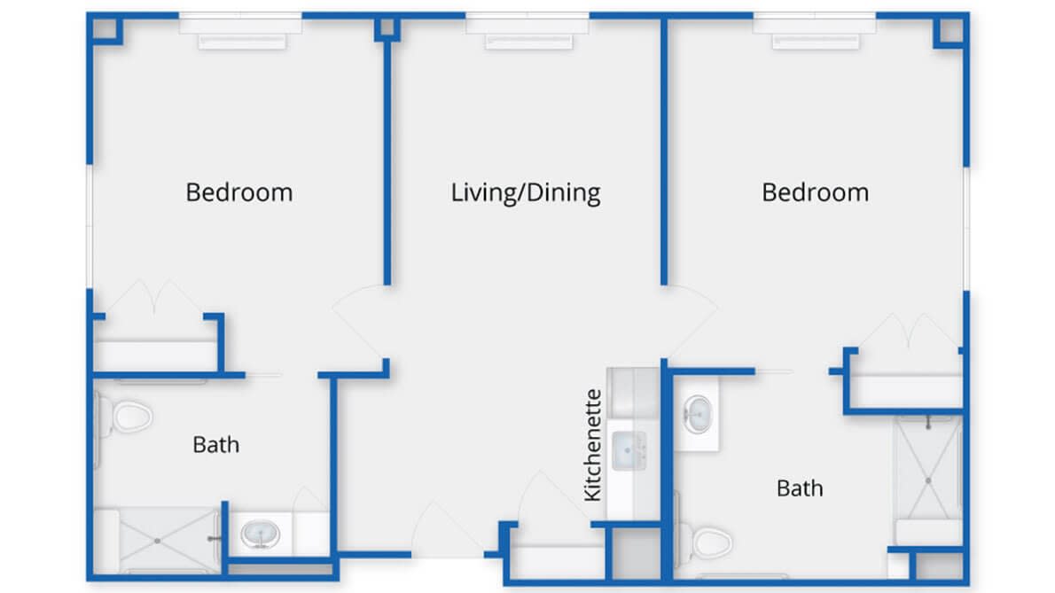 A floor plan of a two-bedroom apartment featuring a kitchen, living/dining area, and bathroom.