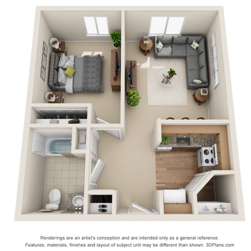 A 3D rendering of a one-bedroom apartment floor plan, featuring a living room, kitchen, and bathroom.