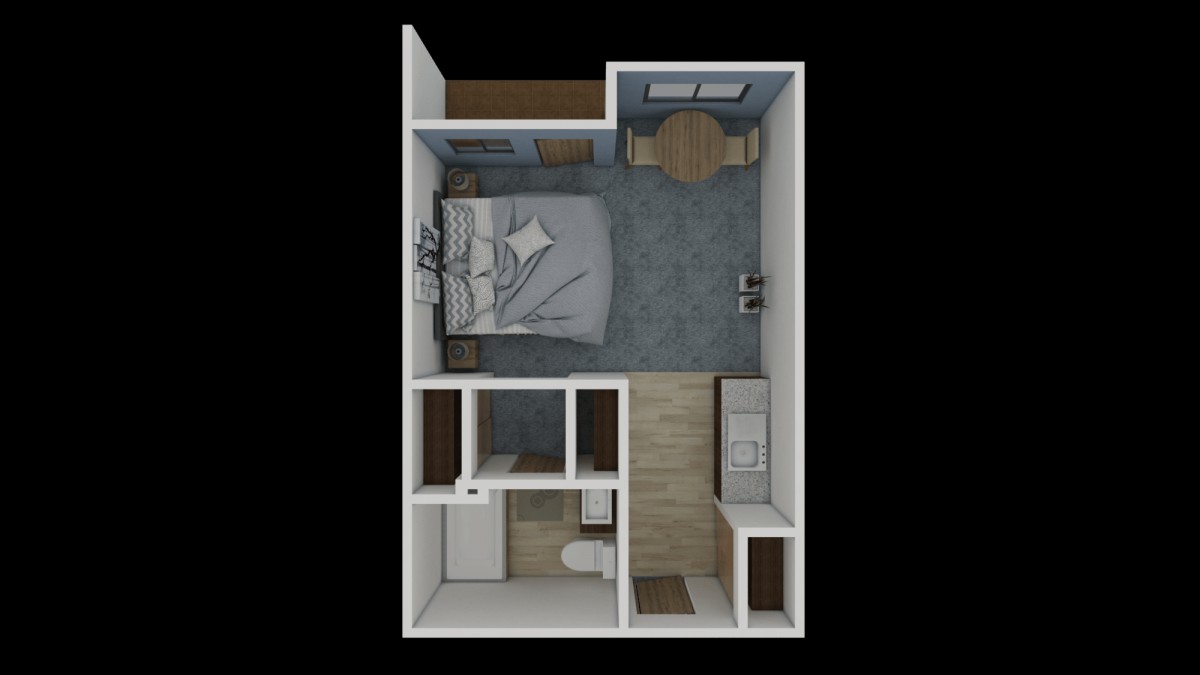 A digital floor plan of a compact one-bedroom apartment, featuring a bedroom, bathroom, and kitchen area.