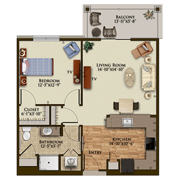 A floor plan showing a one-bedroom apartment with a living room, kitchen, bathroom, closet, and balcony.