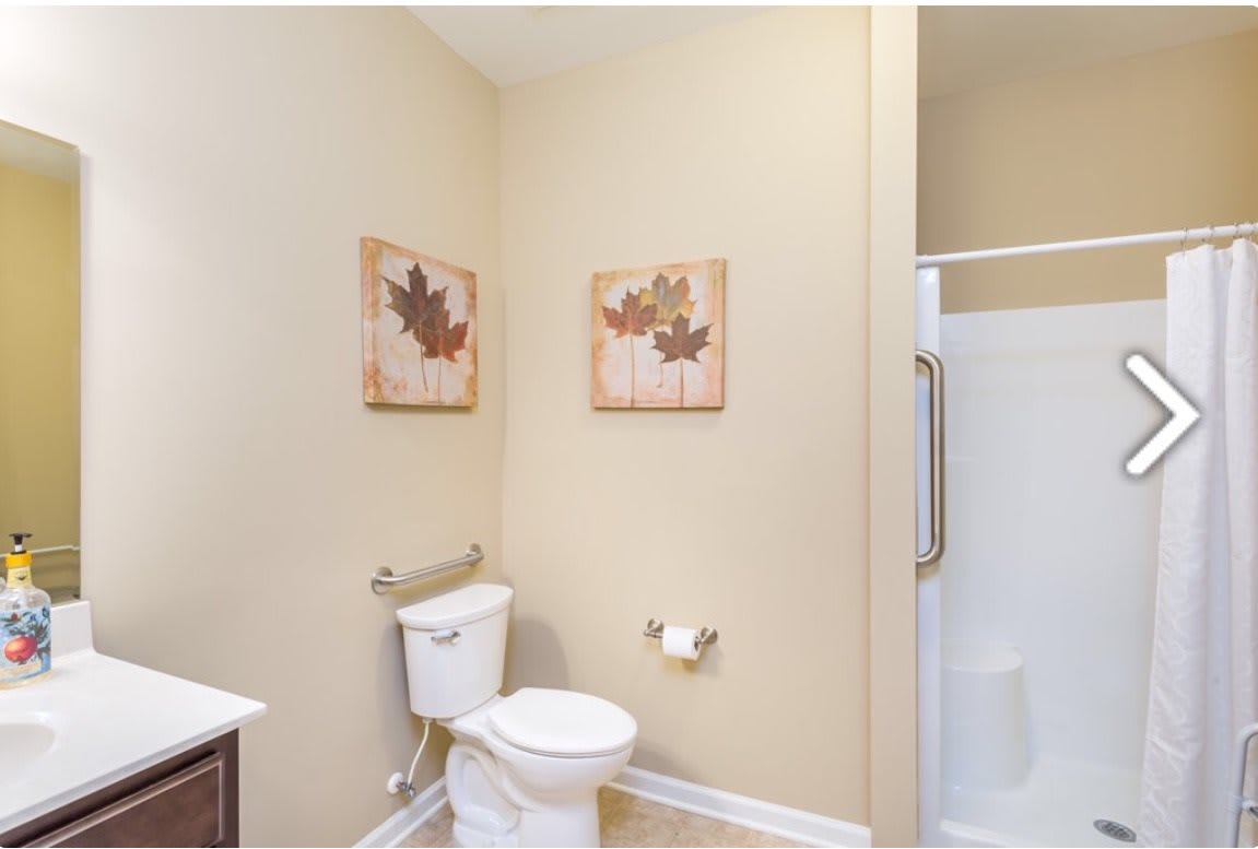A modern bathroom featuring a toilet, shower, and decorative wall art.