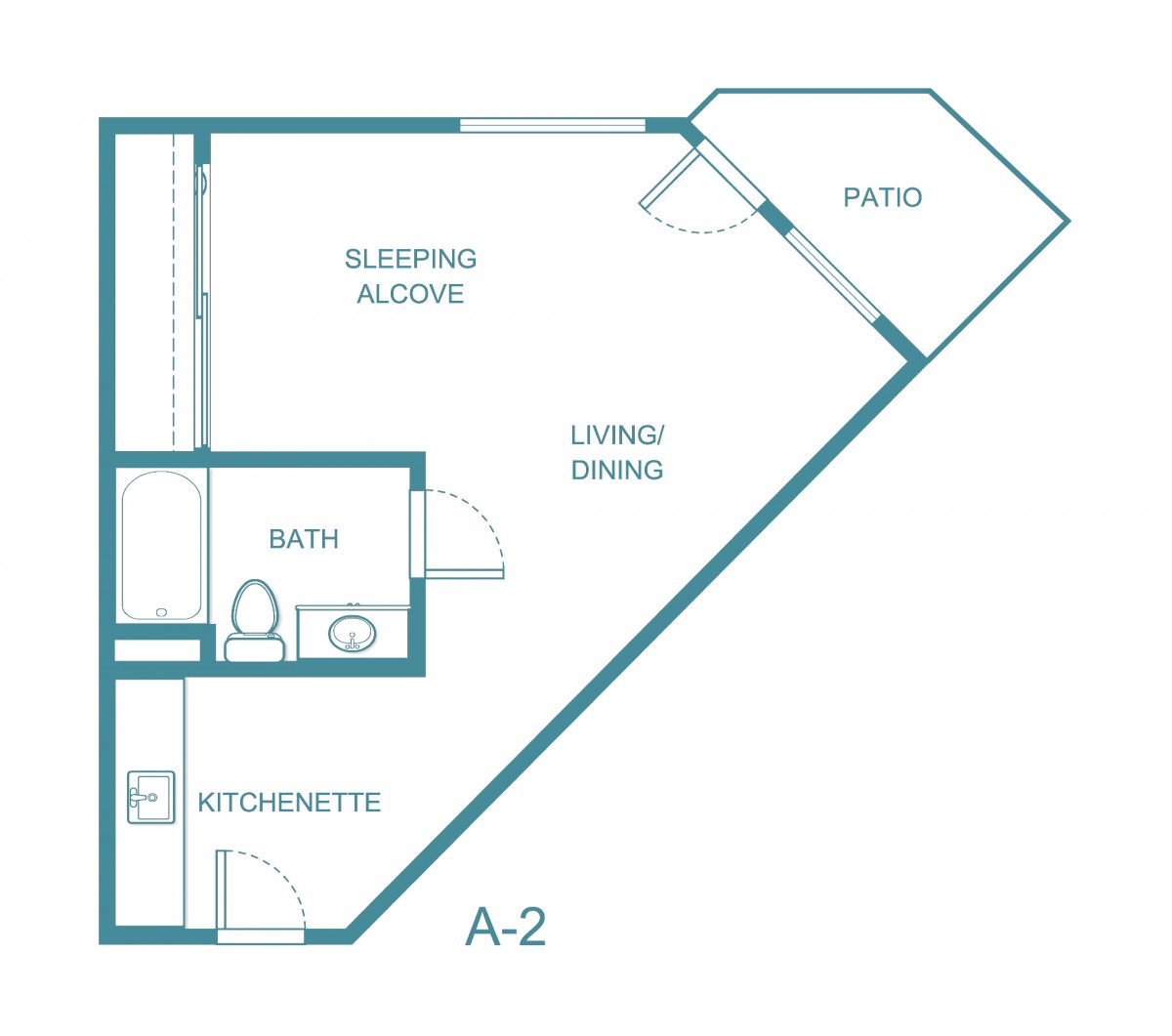 Floor plan of a studio apartment including a sleeping alcove, bath, kitchenette, living/dining area, and patio.