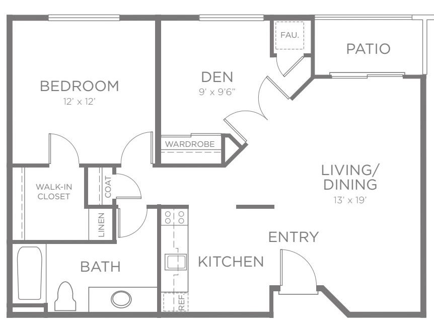 A floor plan of a one-bedroom apartment featuring a living/dining area, kitchen, den, bathroom, and patio.