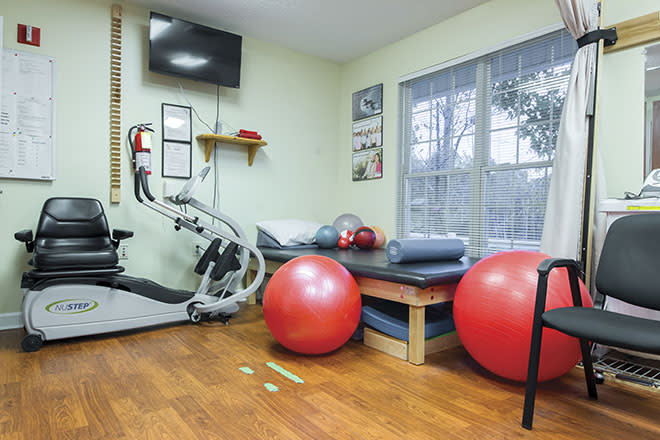 A home gym setup with exercise equipment including a treadmill, yoga mats, and exercise balls.