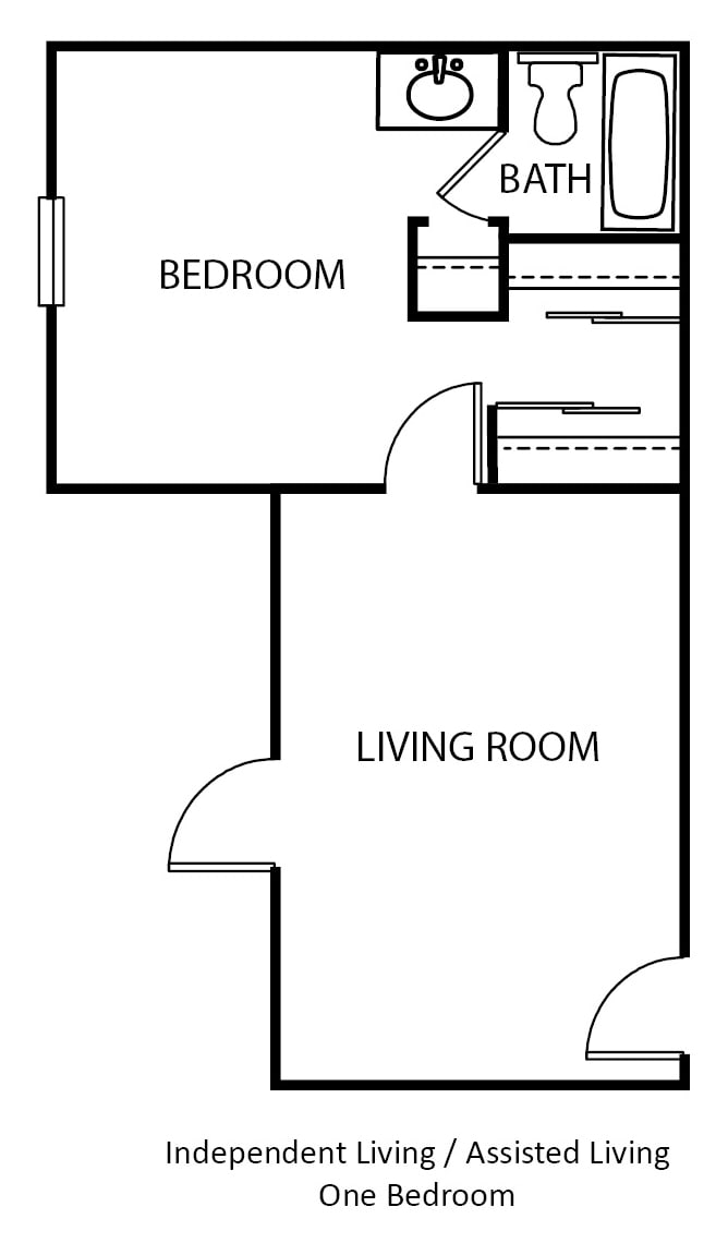 Simple one-bedroom apartment floor plan.