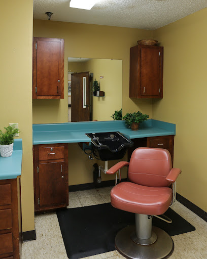 A cozy hair salon station featuring a styling chair, sink, and storage cabinets.