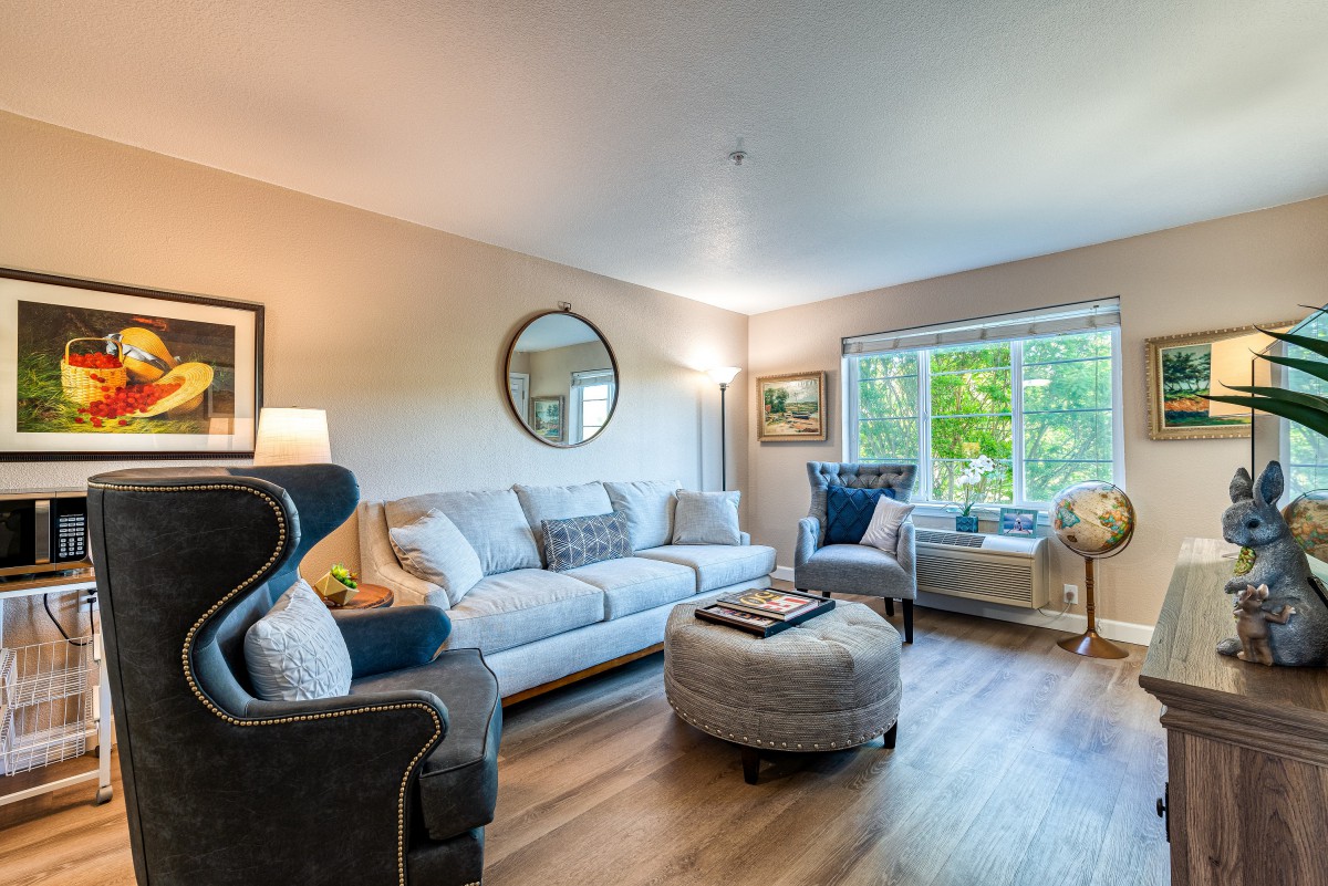 A modern living room with comfortable seating and natural light.