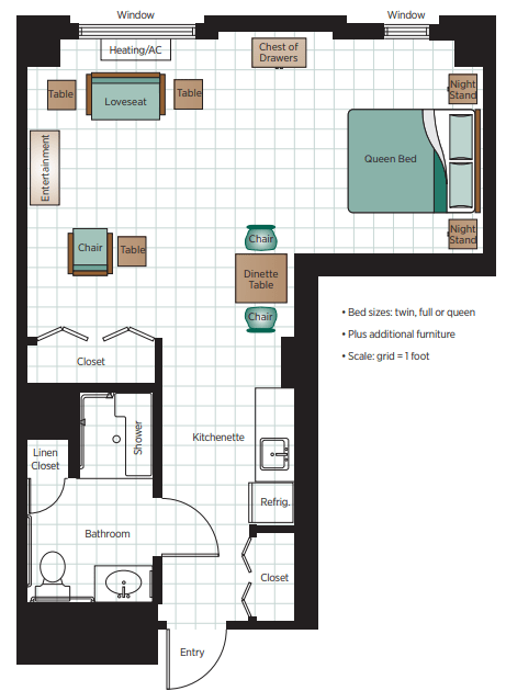 A floor plan of a one-bedroom apartment featuring a living room, kitchen, and bathroom.