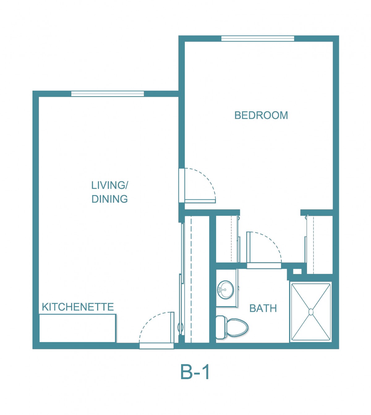 A simple floor plan for a one-bedroom apartment, featuring a living/dining area, kitchenette, and bathroom.