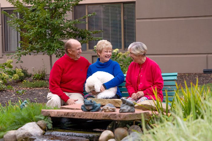 Three elderly people sitting on a bench, enjoying a conversation in an outdoor setting.
