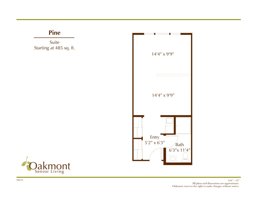 Floor plan of a one-bedroom housing unit with labeled areas.