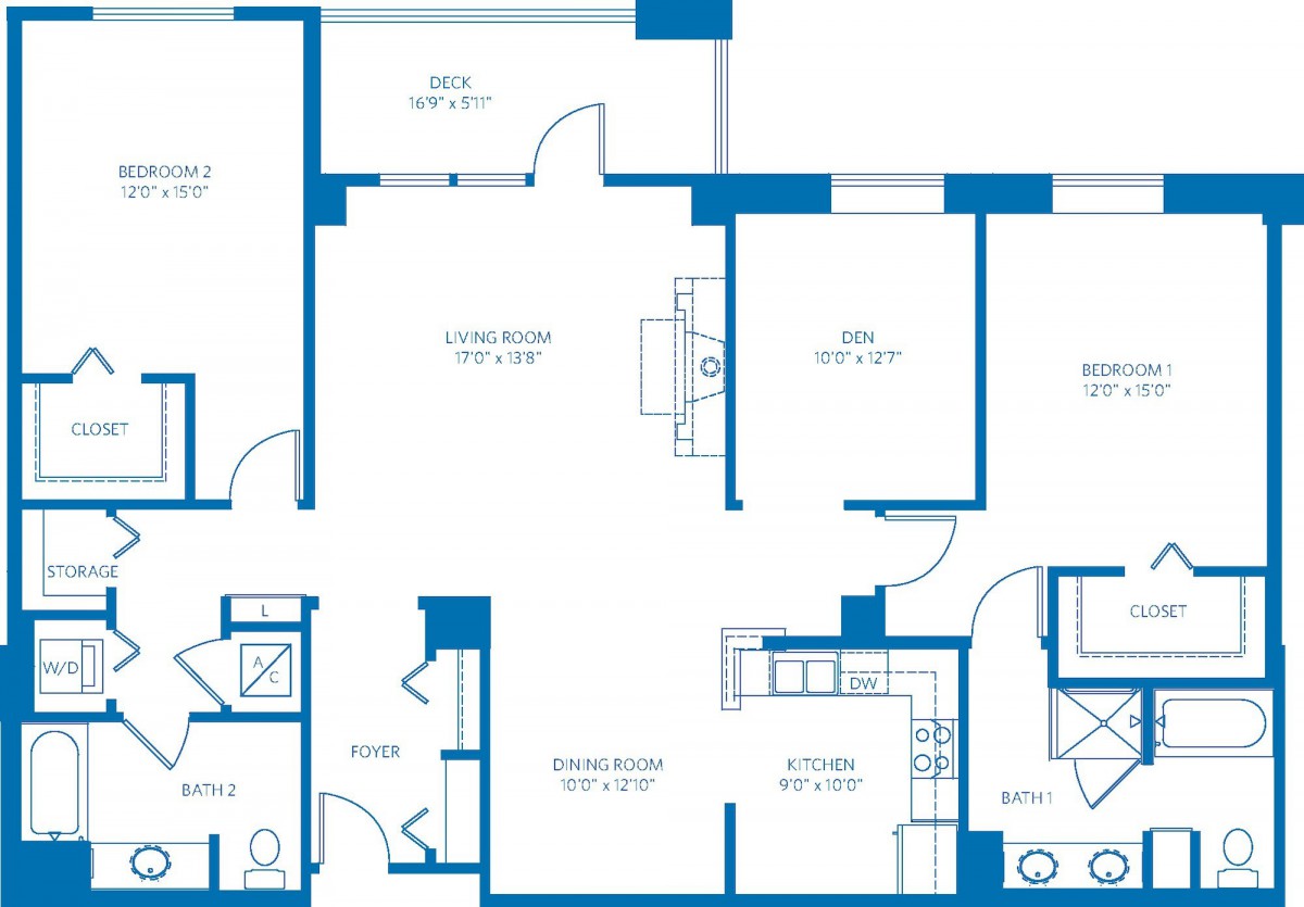 Blueprint of an apartment with labeled rooms and dimensions.