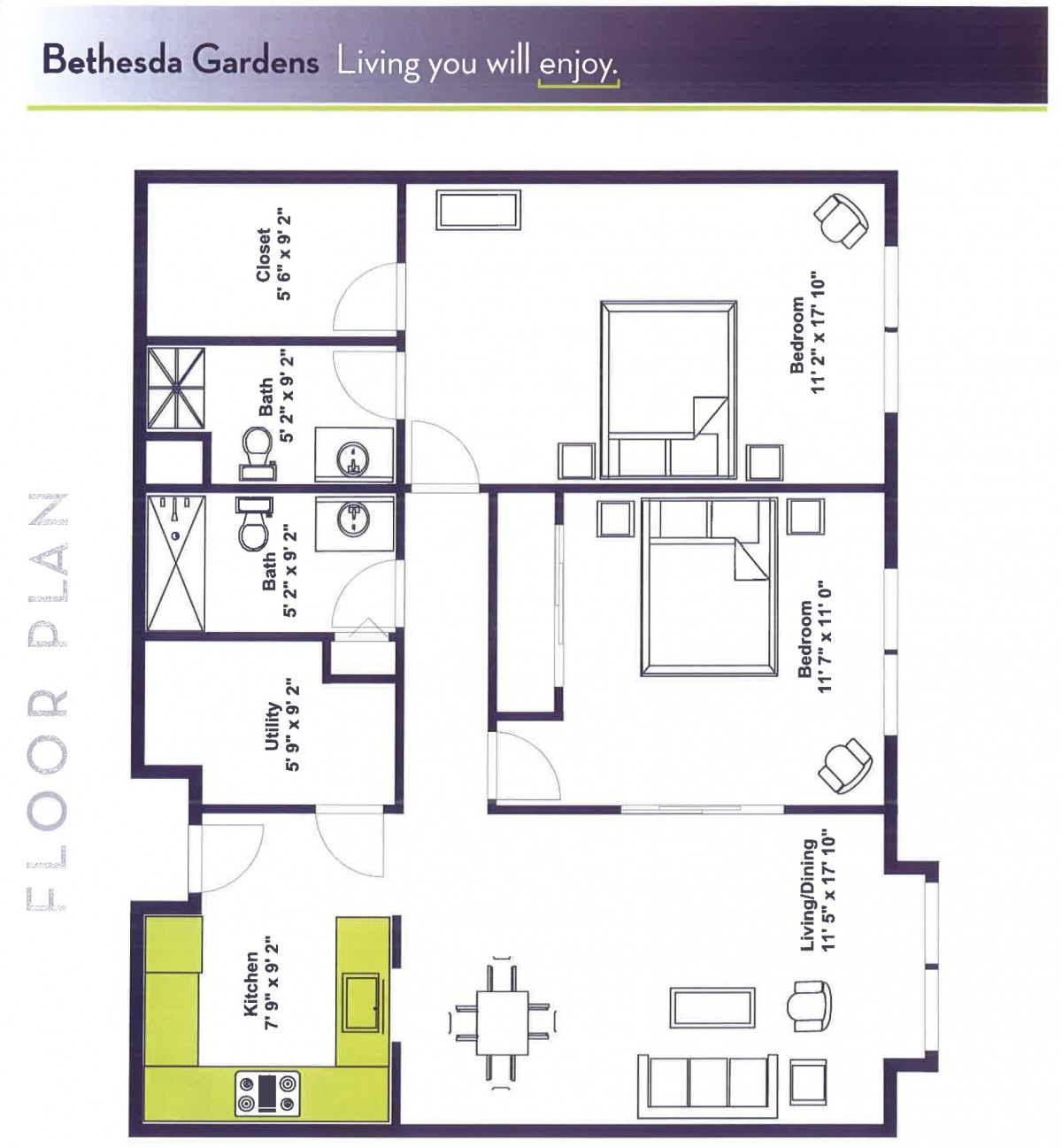 An architectural floor plan layout of an apartment with designated rooms and spaces.