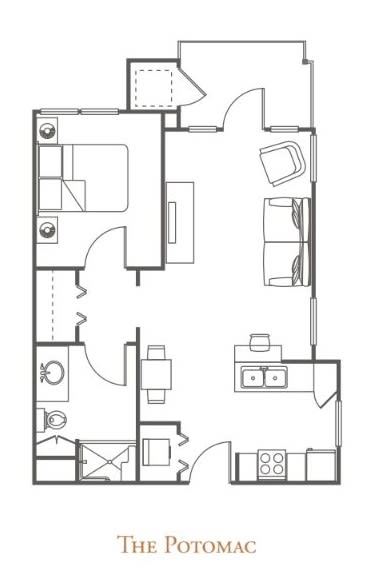 A floor plan of an apartment showing room layouts and furniture arrangements.
