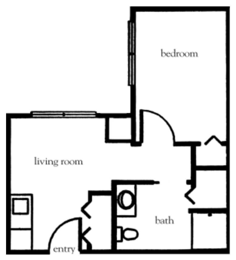 A floor plan of a one-bedroom apartment featuring a living room, bathroom, and separate bedroom.