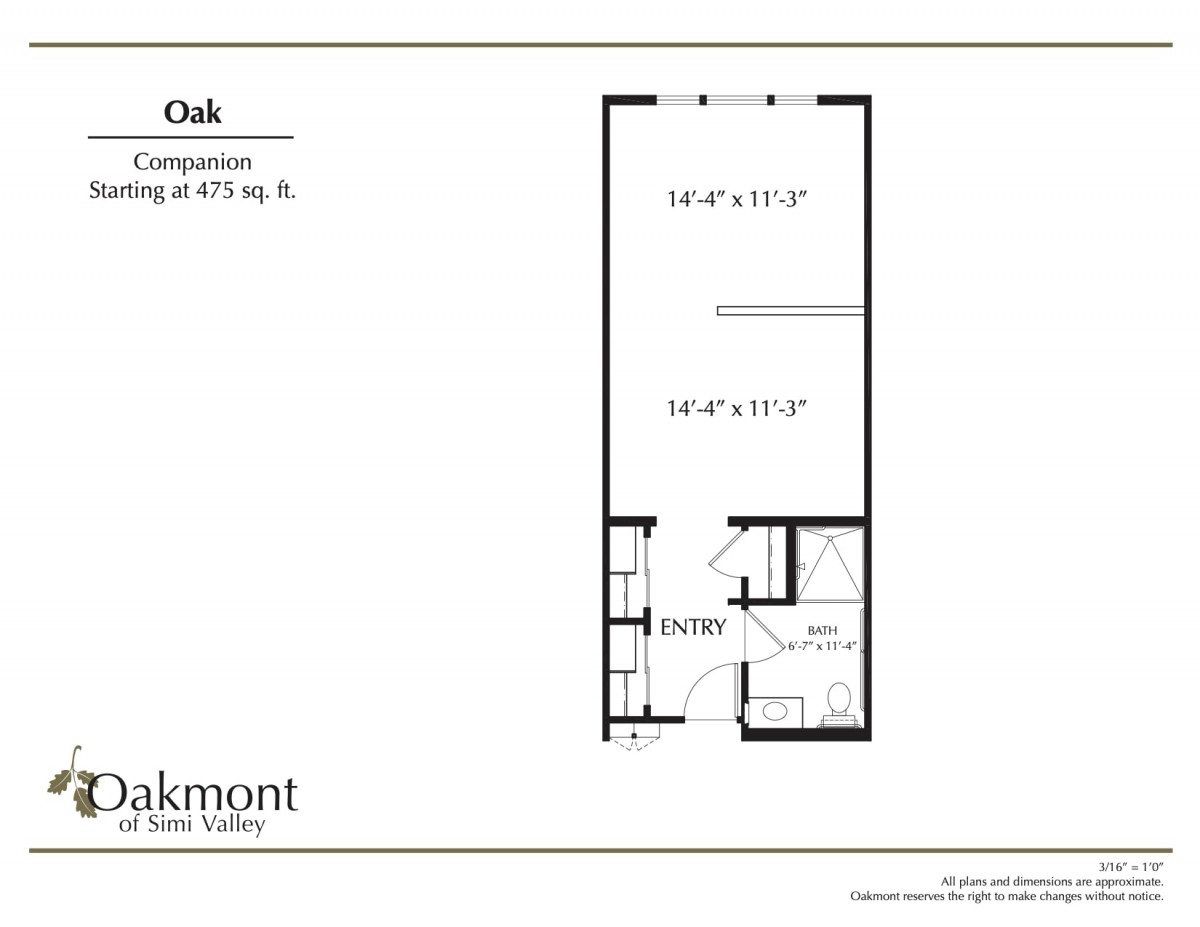 A floor plan of a studio apartment with dimensions and layout details.