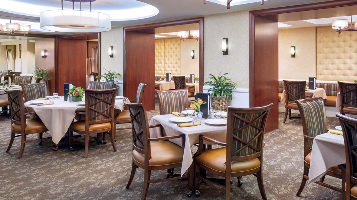 An elegant dining room with neatly arranged tables and chairs, featuring modern decor and indoor plants.