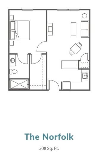 A simple architectural floor plan of a one-bedroom apartment.
