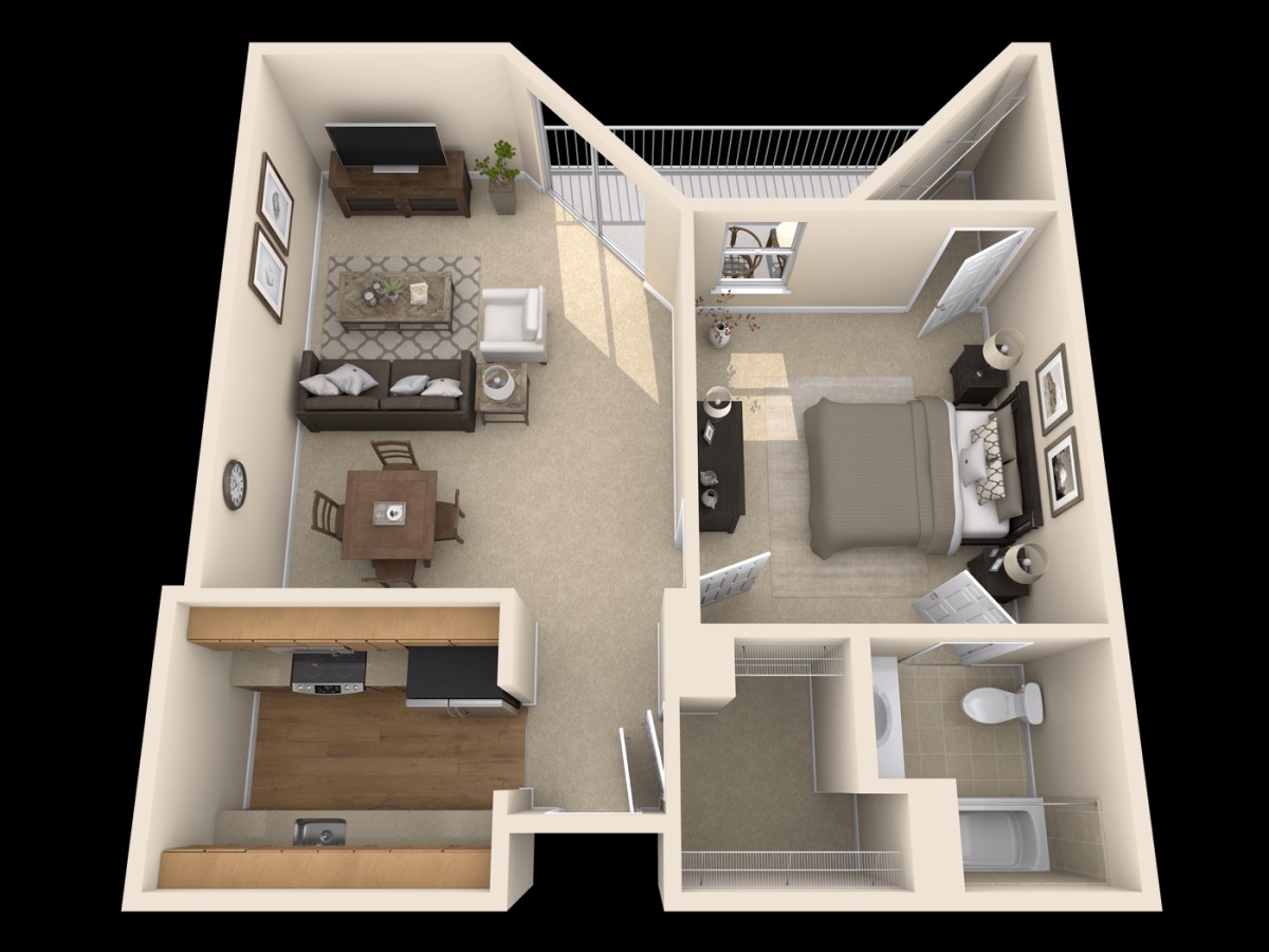 3D floor plan of a one-bedroom apartment with a living area, kitchen, bathroom, and office space.