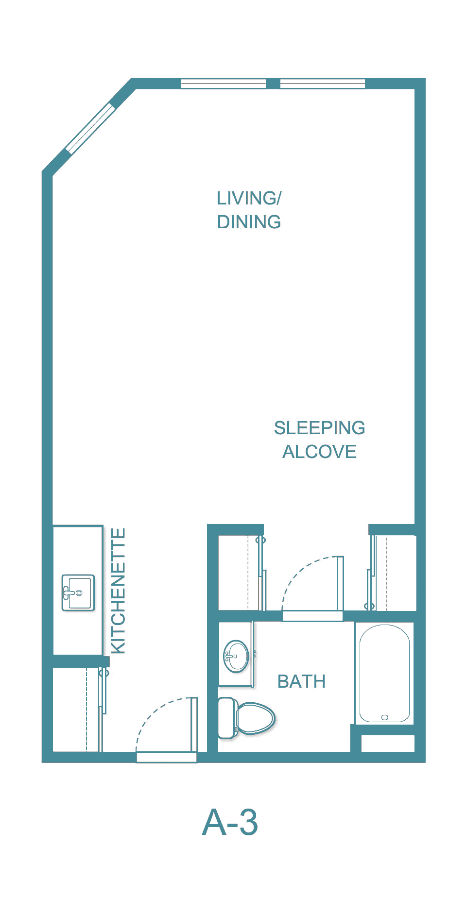 A simple floor plan of a studio apartment featuring a kitchenette, bathroom, and sleeping alcove.