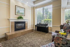 A cozy living room with a fireplace, piano, and large window overlooking greenery.