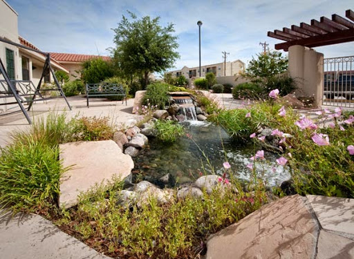 A serene garden featuring a tranquil pond with flowing water, surrounded by lush greenery and blooming flowers.
