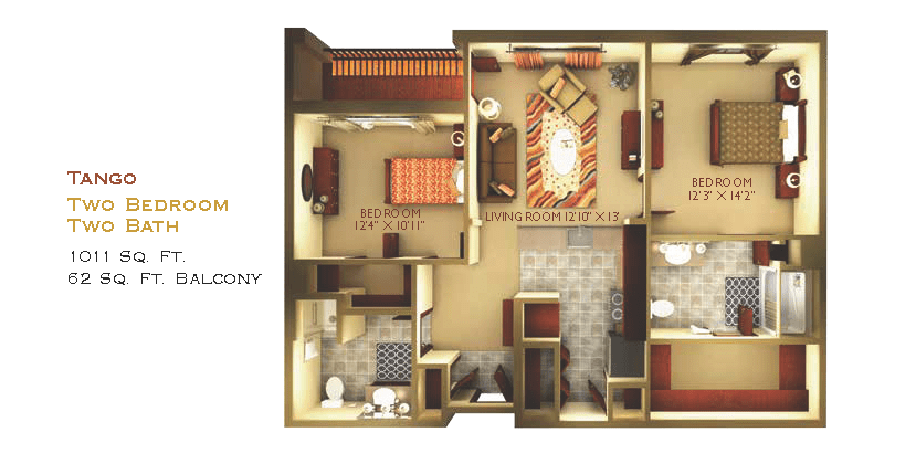 A detailed floor plan of an apartment showing the living room, kitchen, bedrooms, and bathrooms.