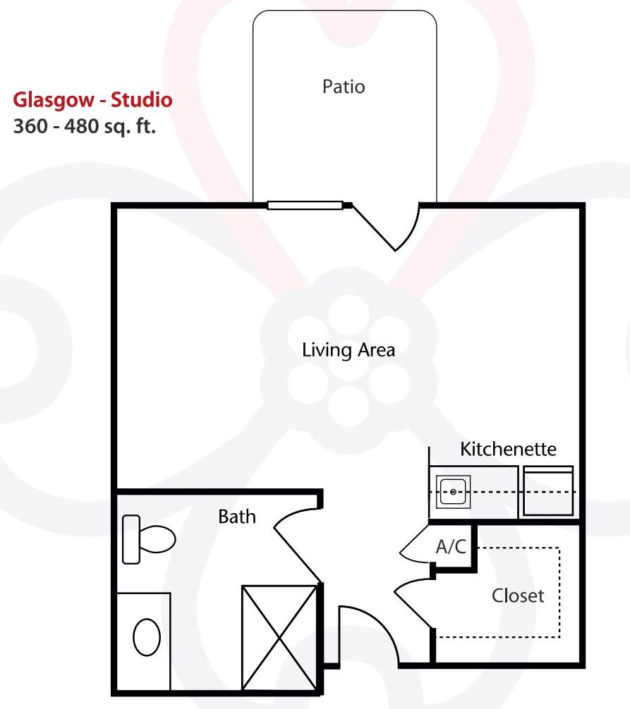 Studio apartment floor plan featuring a living area, kitchenette, bathroom, closet, and patio.