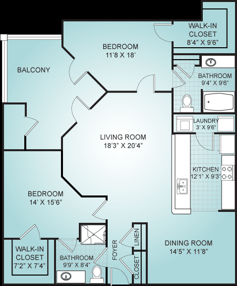 Blueprint floor plan of a two-bedroom apartment with living and dining areas.