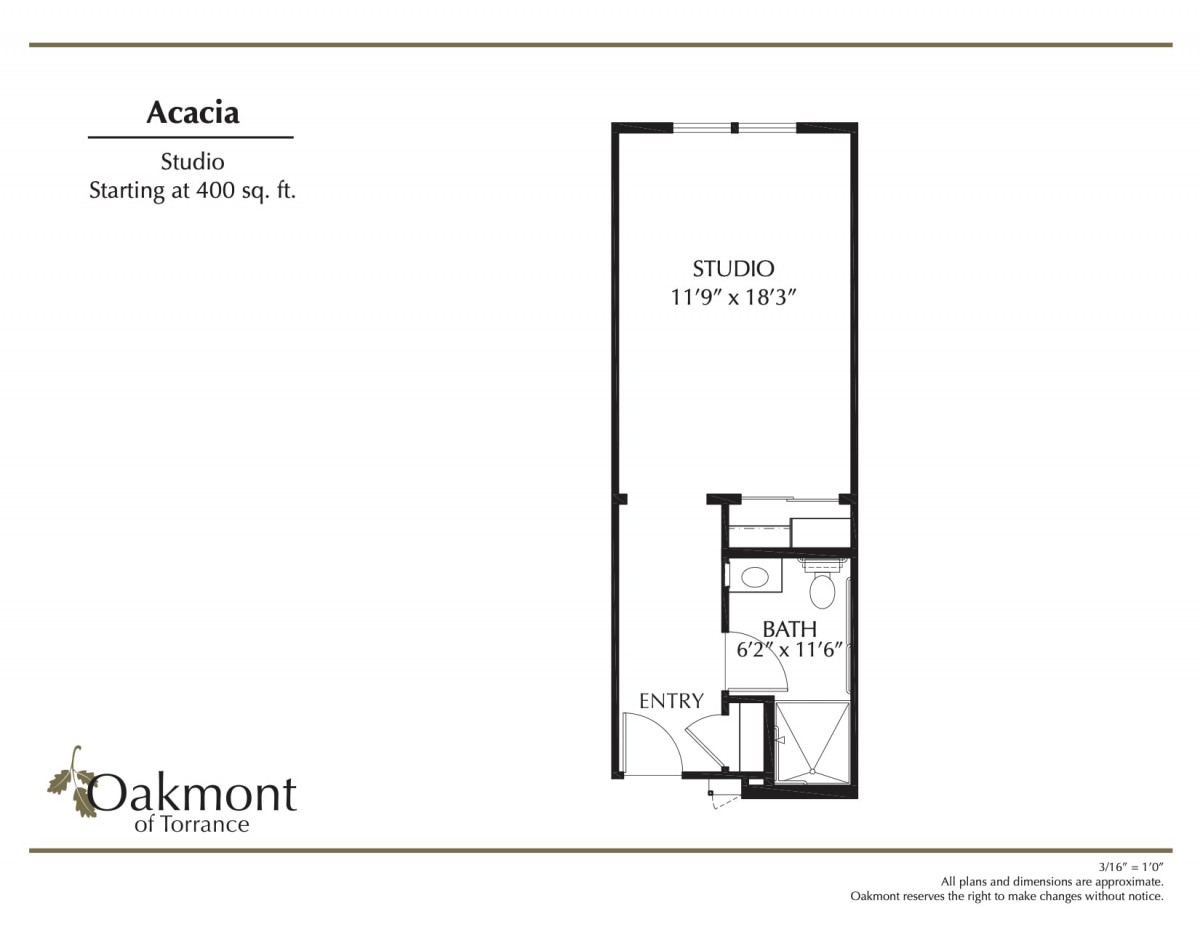 Floor plan of the Acacia studio apartment layout.