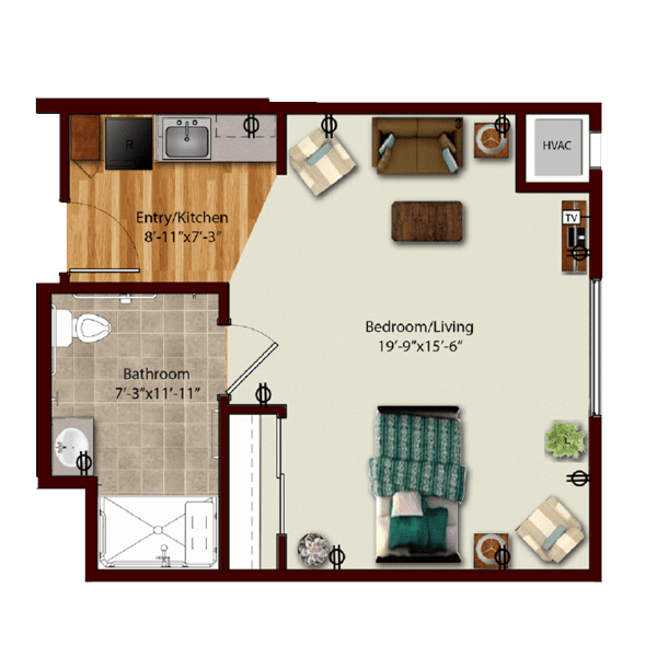 Studio apartment floor plan with living/bedroom area and kitchenette.