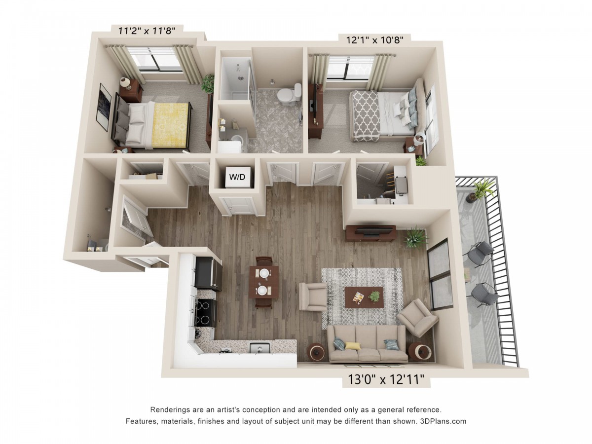 A 3D floor plan of a two-bedroom apartment featuring a kitchen, living area, bathroom, and balcony.