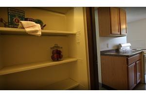 A pantry with shelves and a view into the kitchen.