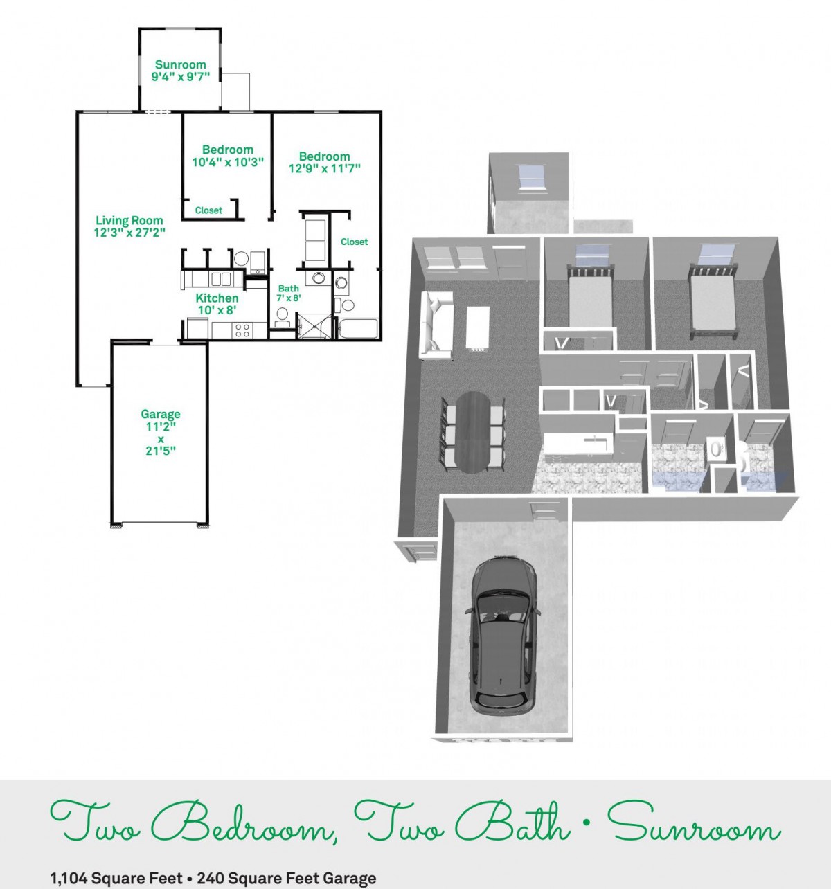 Two-bedroom, two-bathroom house floor plan with sunroom and garage.