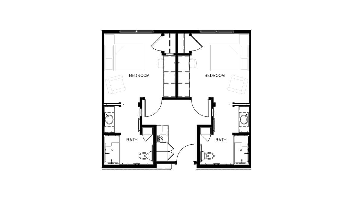 A floor plan of a two-bedroom apartment featuring two bathrooms and a shared living area.