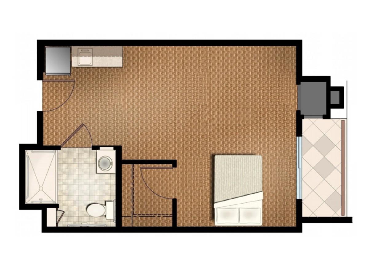 A floor plan of a small apartment featuring a bedroom and a bathroom.
