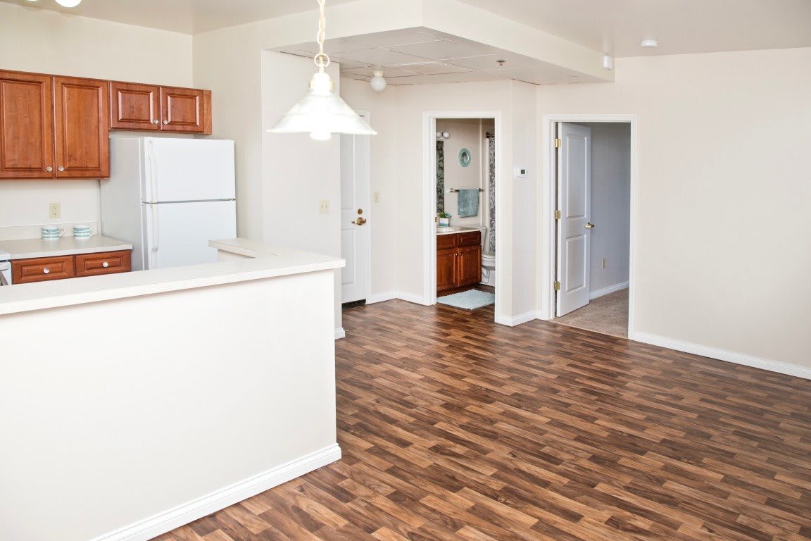 An open-concept kitchen and living area with hardwood flooring and a pendant light.
