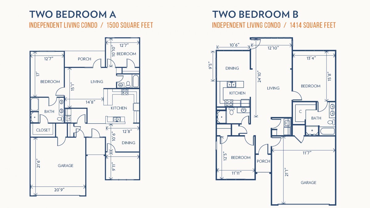 Blueprints of two-bedroom apartment layouts.