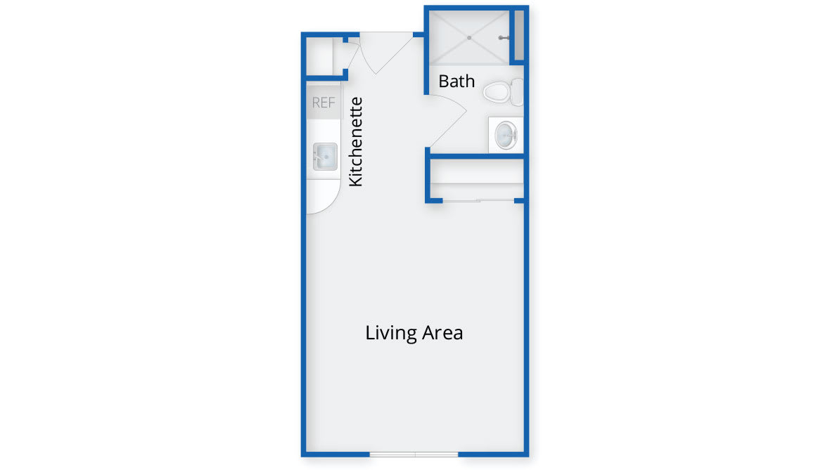 A simple studio apartment floor plan showing a combined living area, kitchen, and bathroom.