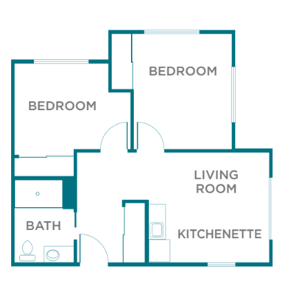 A simple floor plan of an apartment featuring two bedrooms, a bathroom, a living room, and a kitchenette.