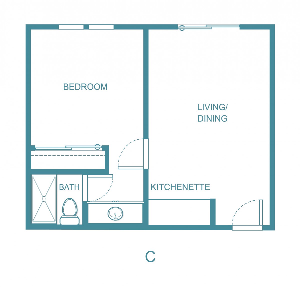 Floor plan of a one-bedroom apartment with a living/dining area, kitchenette, and bathroom.