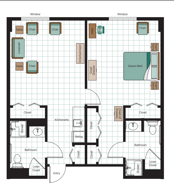 A floor plan of a one-bedroom apartment with living room, kitchen, and bathroom.