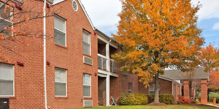 A brick apartment building with balconies, surrounded by autumn foliage.