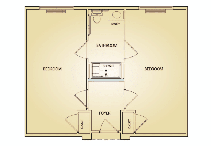 A floor plan of an apartment with two bedrooms, a central bathroom, and closets in the hallway.