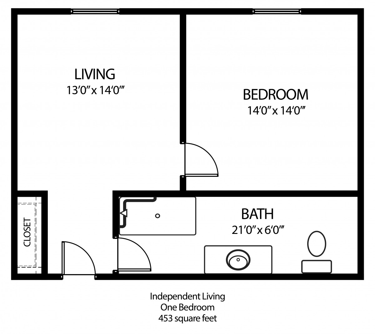 Floor plan of a one-bedroom apartment with living room, bathroom, and closet.